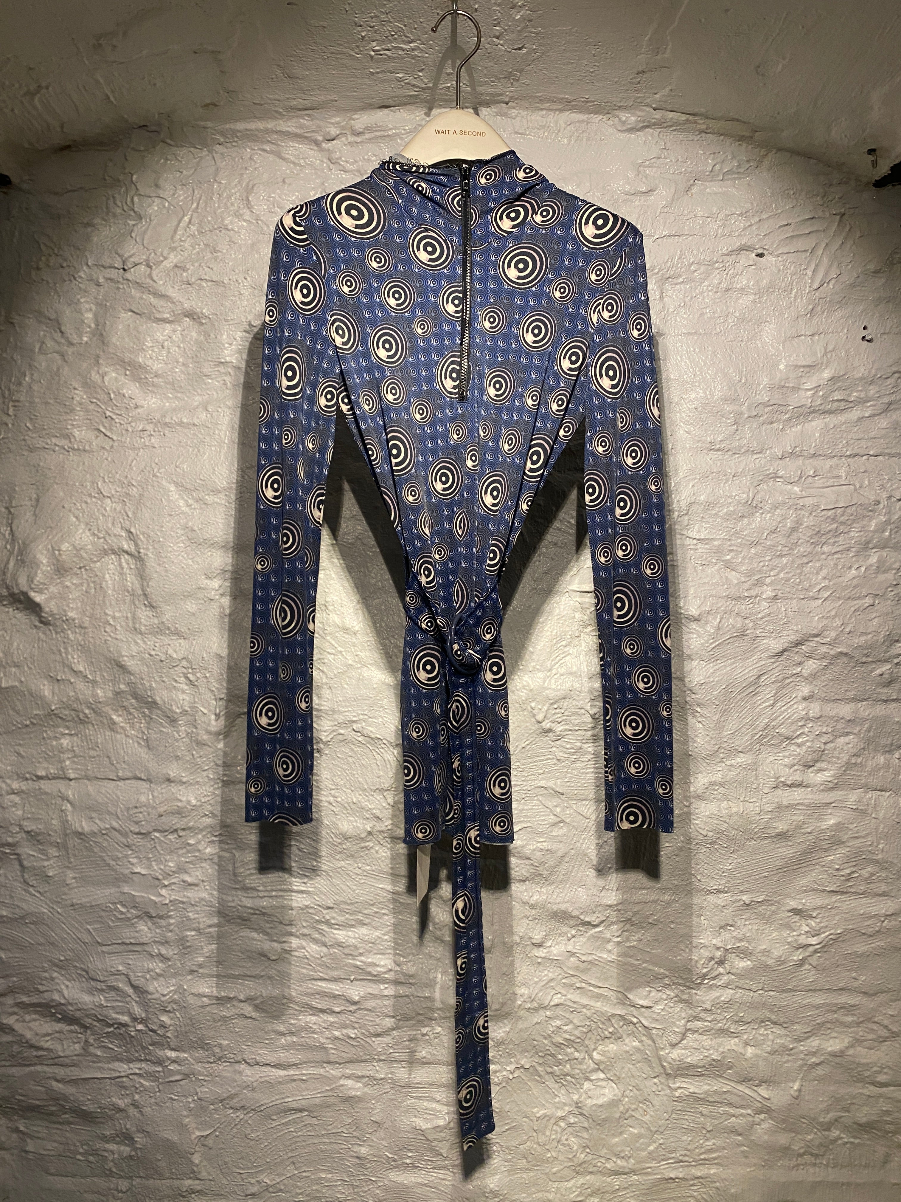 Jean Paul Gaultier 1996 Blue and Black Dots Spiral Print Belt Hood Dress