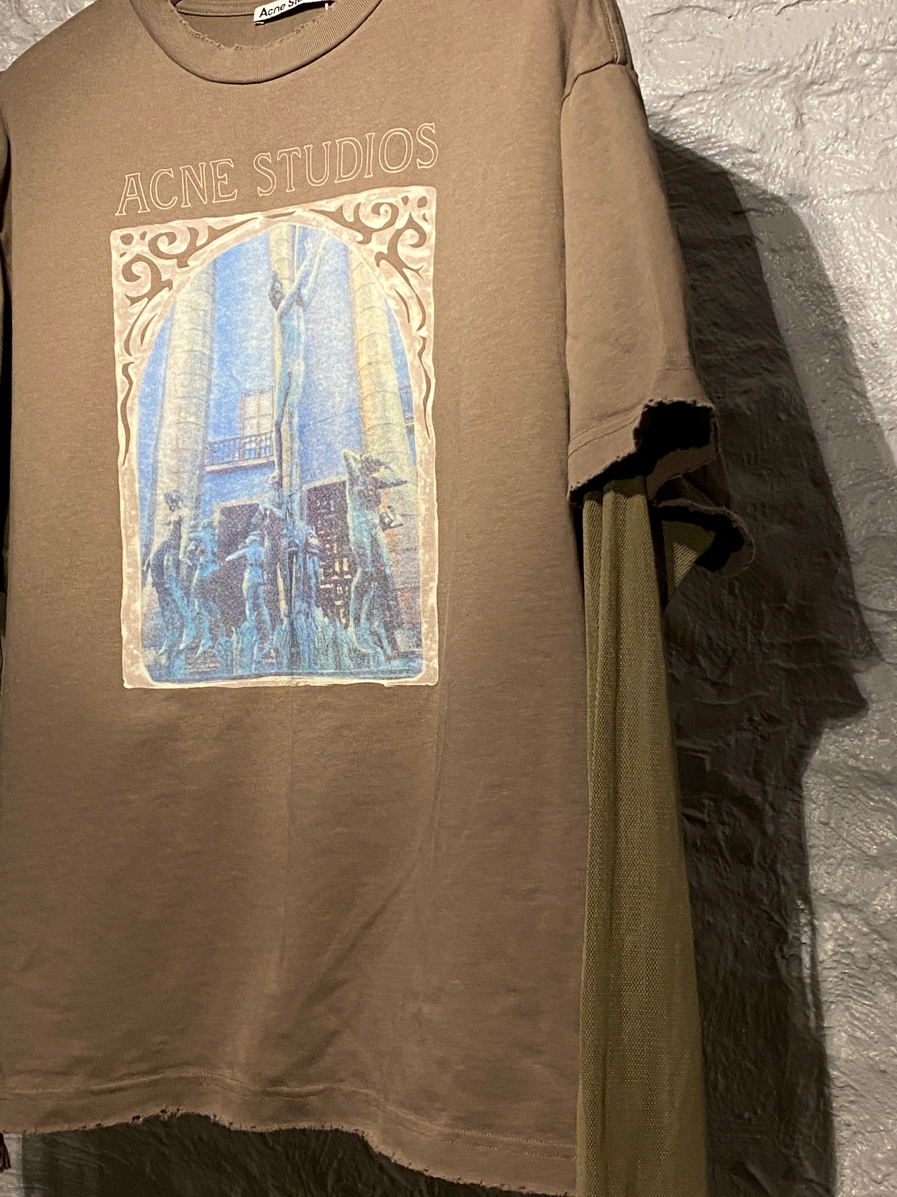 Acne Studios	Beige Sheer Nylon Mesh Layered Print T-shirt