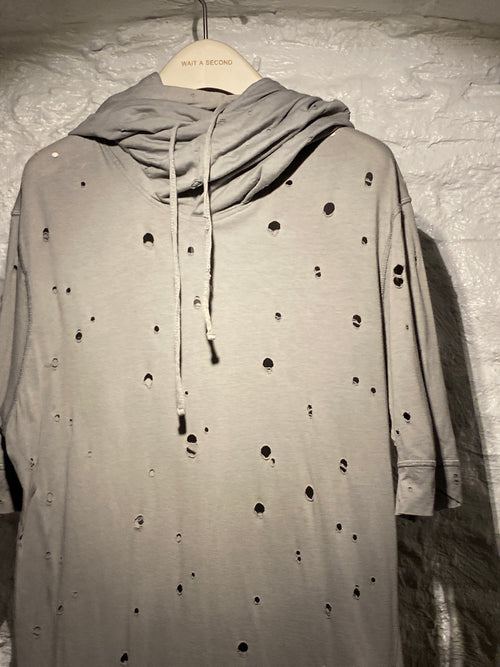 Ann Demeulemeester Gray Oversized Cut-Out Distressed Short-Sleeve Hoodie