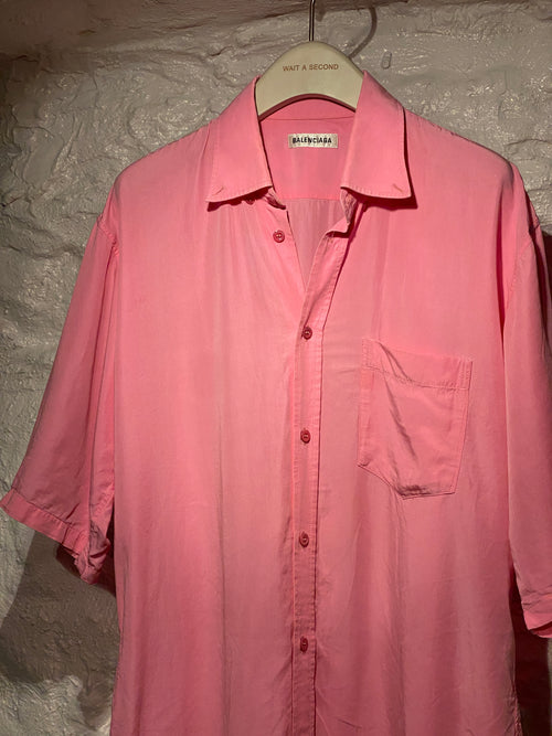 Balenciaga Pink Logo Back Button-Up Short-Sleeve Shirt