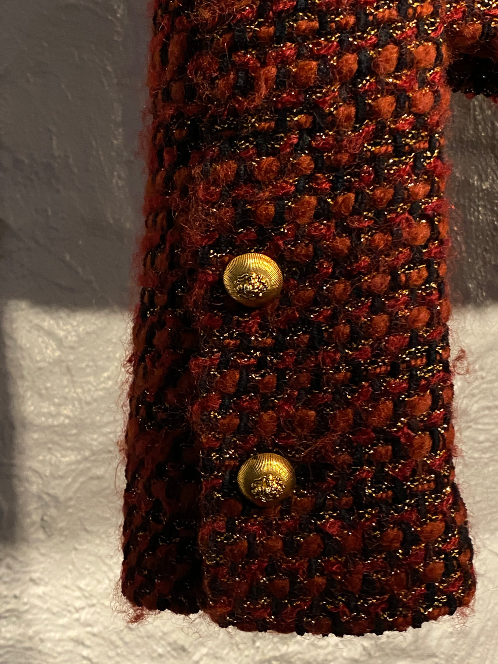 Chanel Boutique Red Black Metallic Tweed Jacket