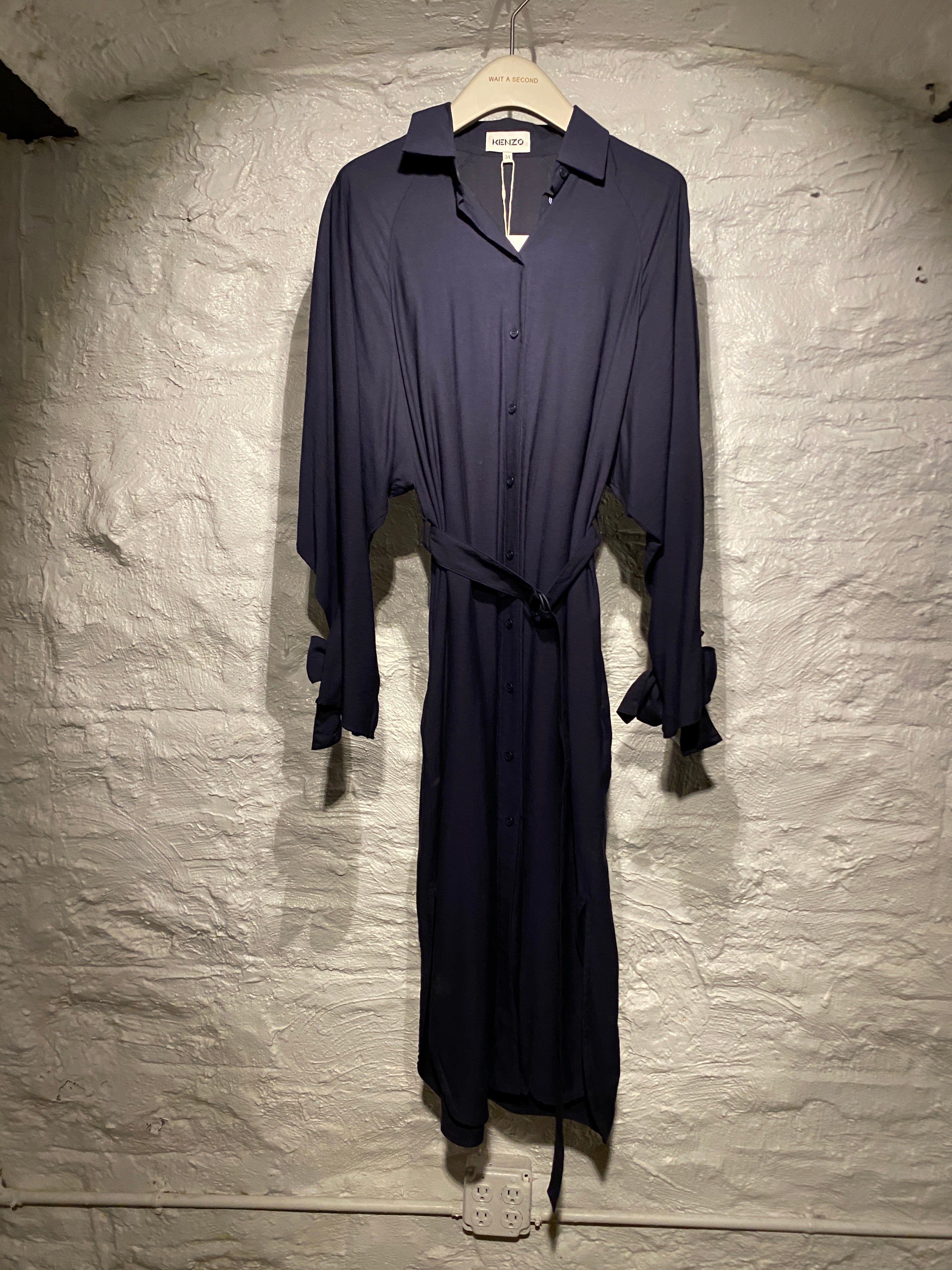 Kenzo Dark Navy Black Button-Down Shirt Dress with Belt