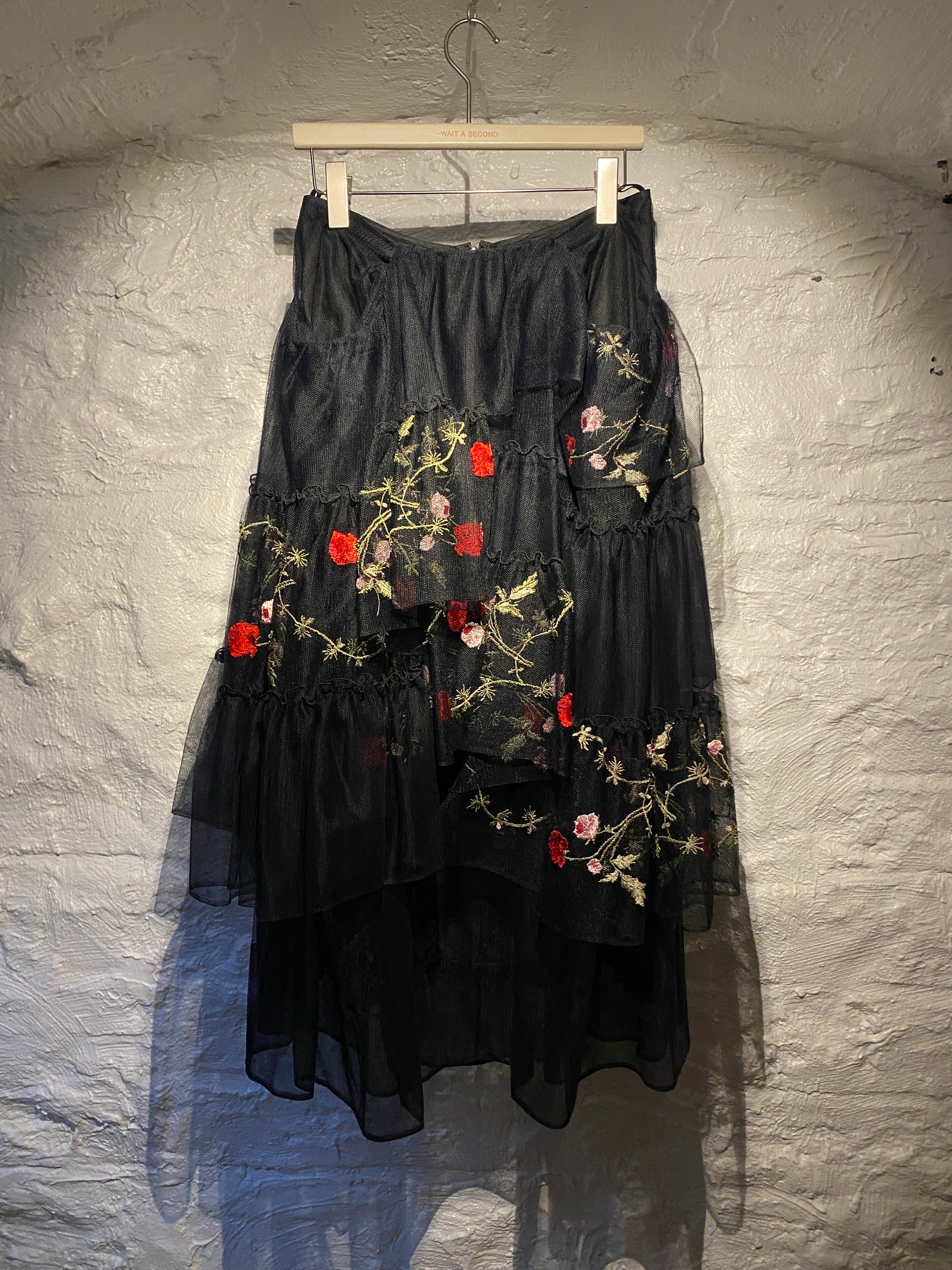 Simone Rocha Black Mesh Layered Floral Embroidered Maxi Skirt