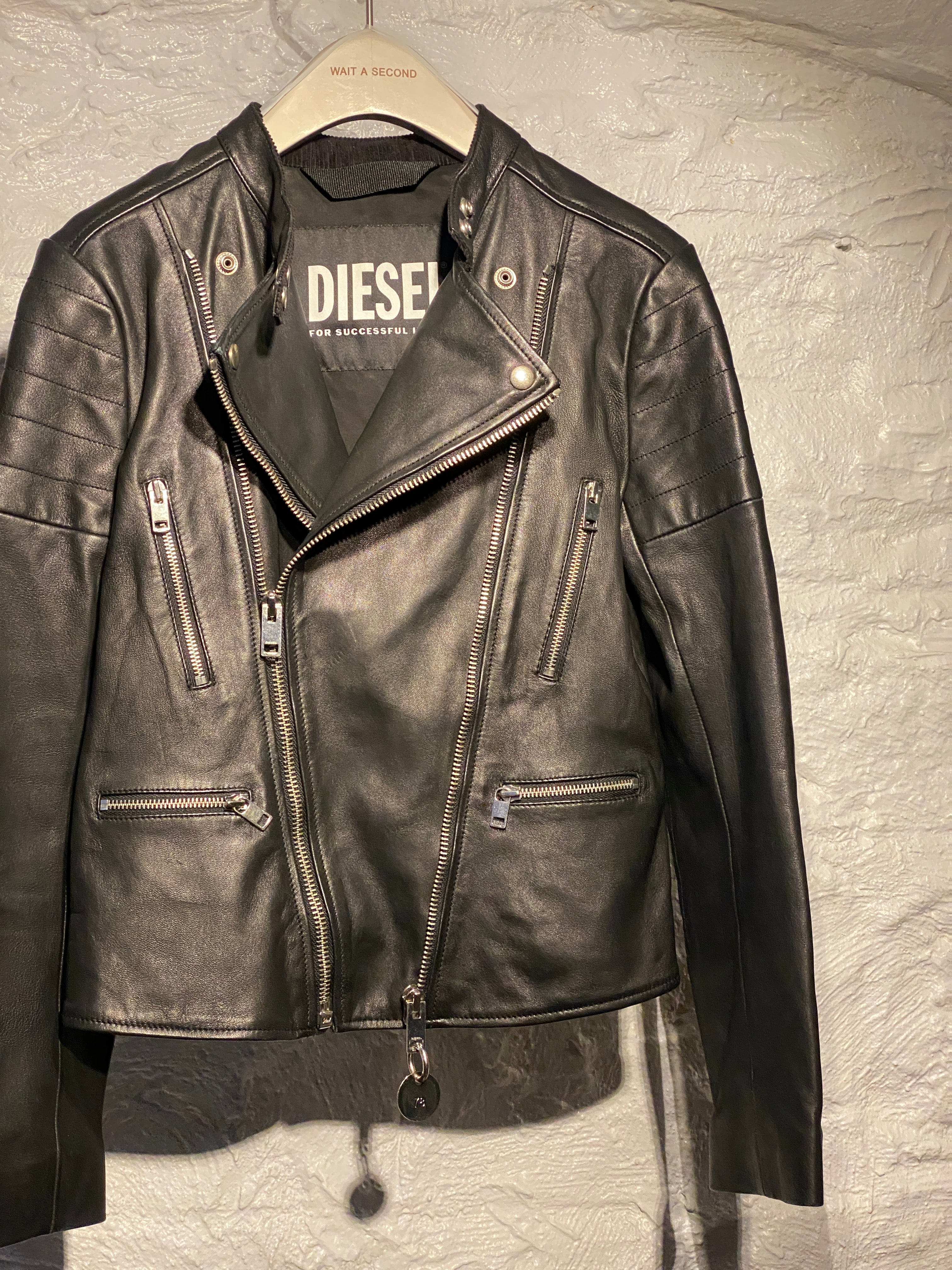 Diesel Black Lambskin Leather Zipper Jacket with Metal Rings in Back