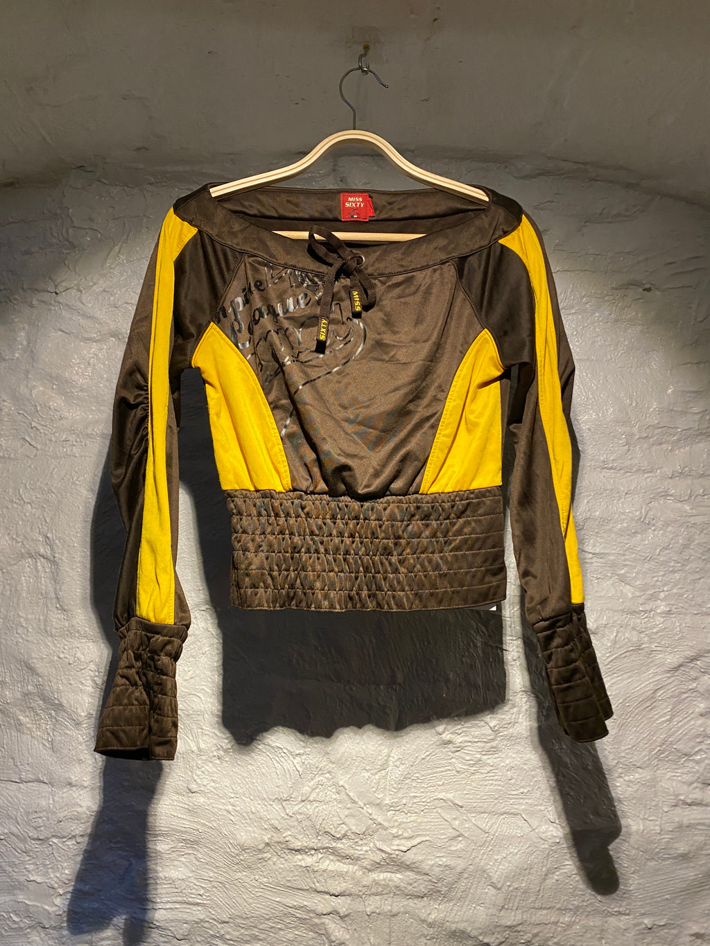 Miss Sixty Brown Yellow Ribbed Wide Shoulder Top