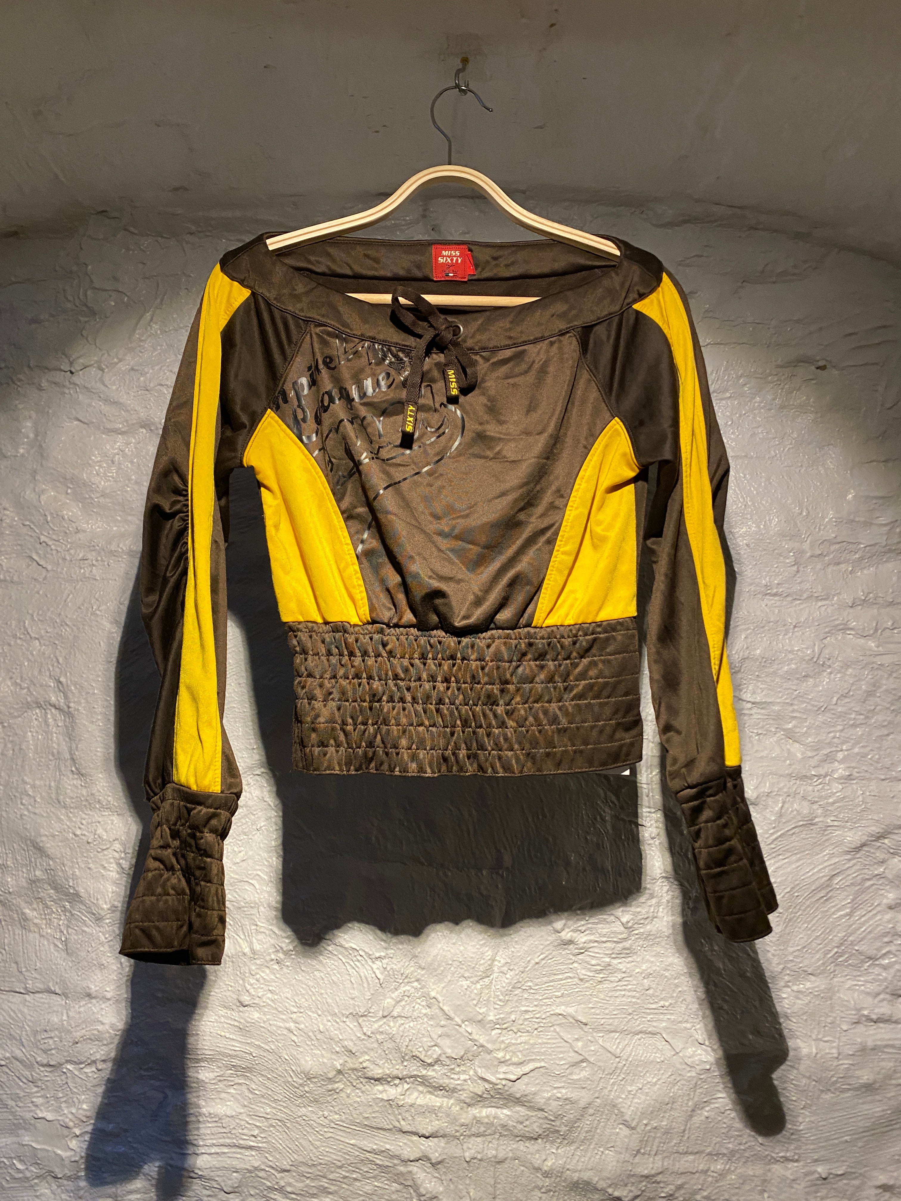 Miss Sixty Brown Yellow Ribbed Wide Shoulder Top