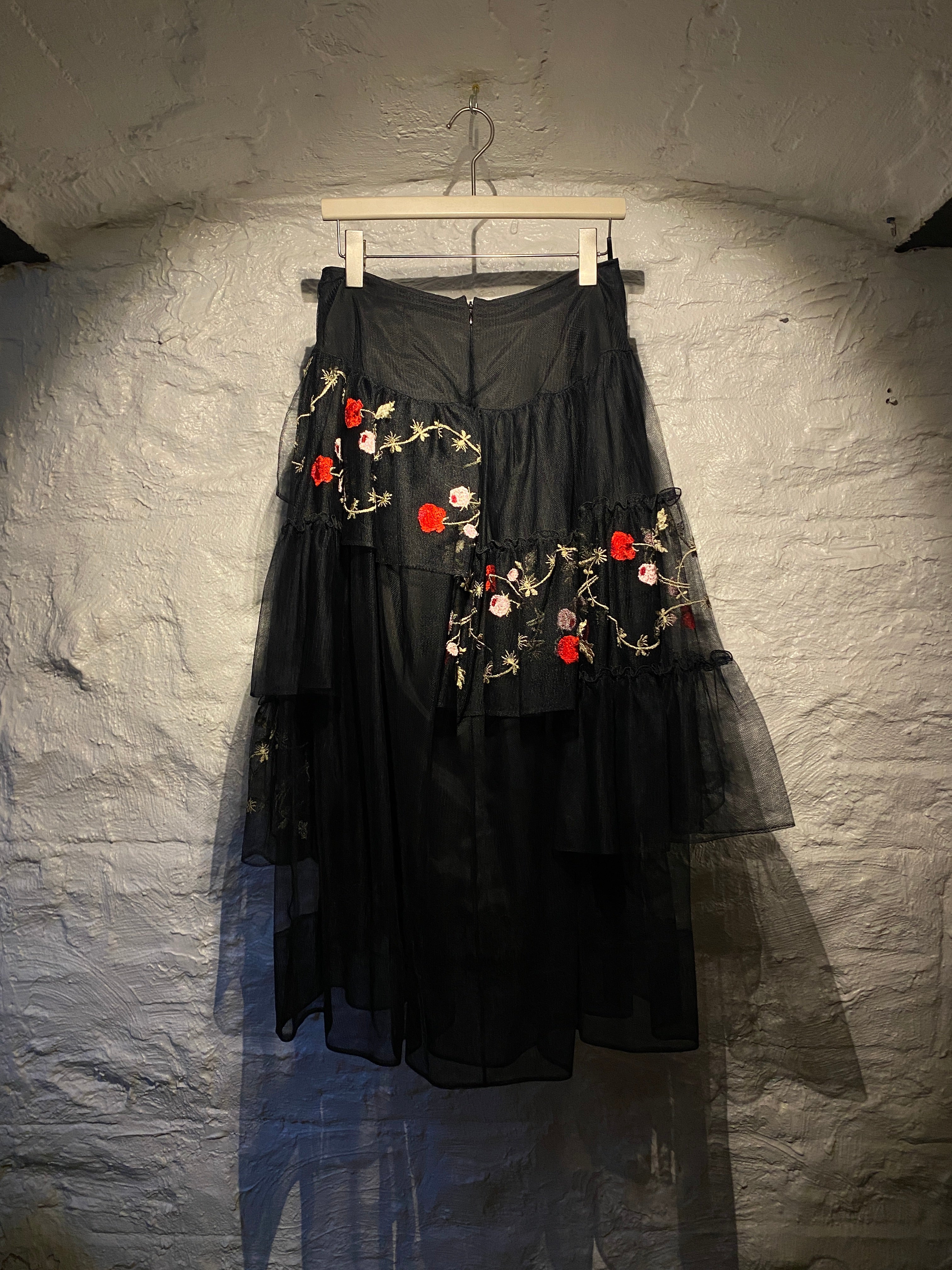 Simone Rocha Black Mesh Layered Floral Embroidered Maxi Skirt