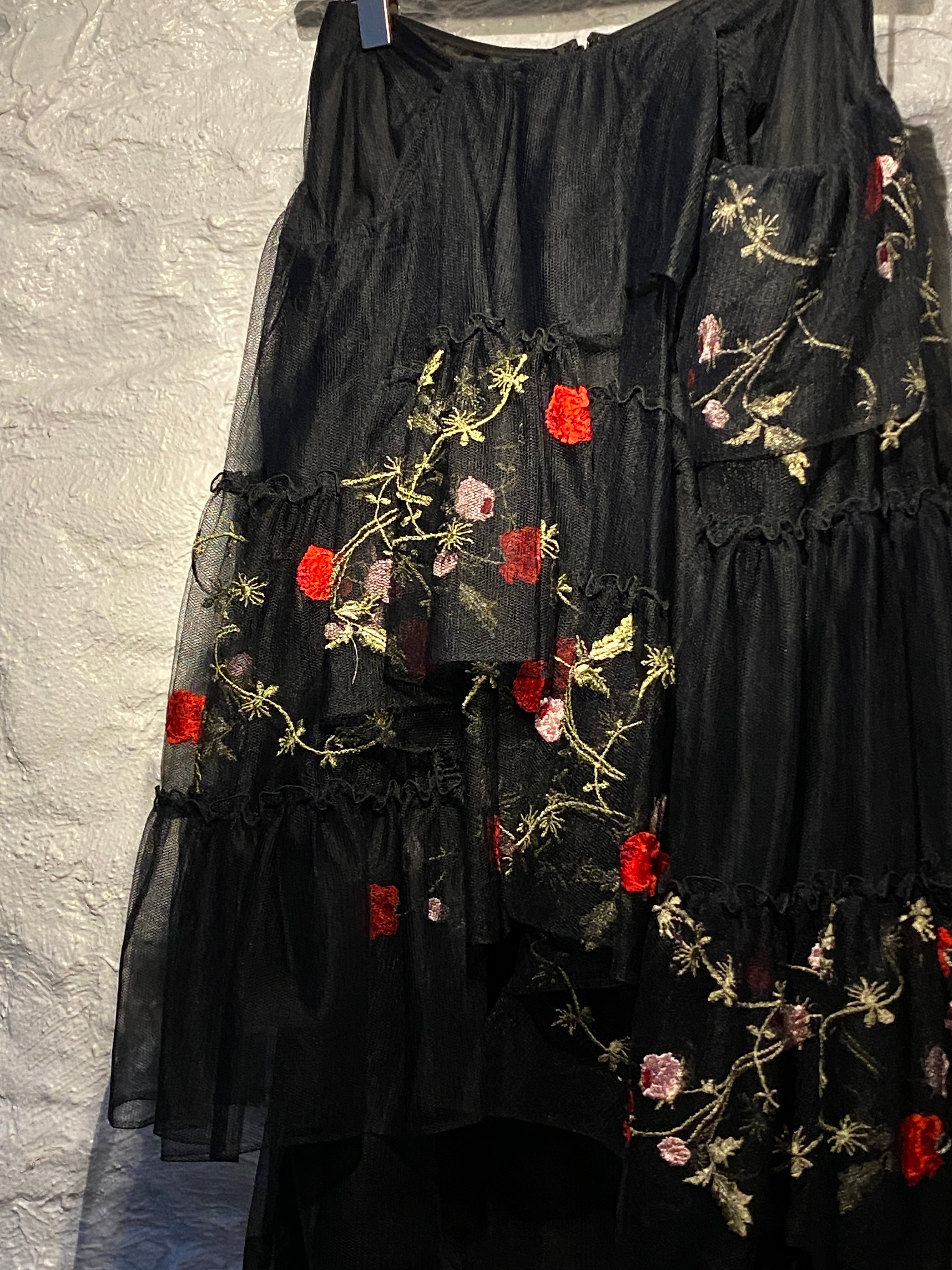 Simone Rocha Black Mesh Layered Floral Embroidered Maxi Skirt