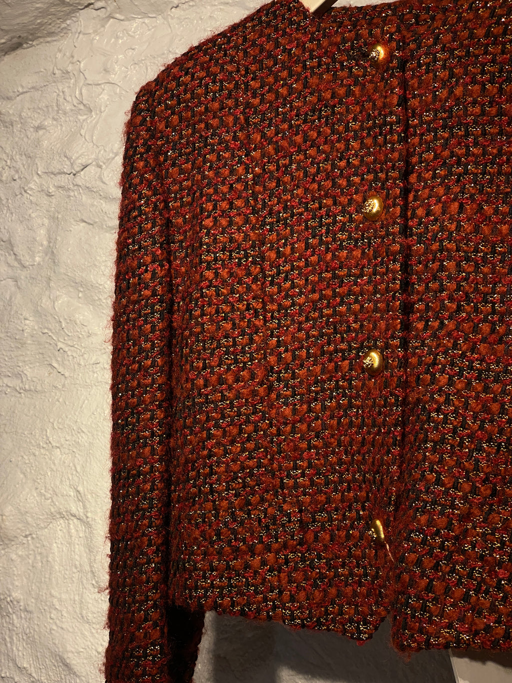Chanel Boutique Red Black Metallic Tweed Jacket