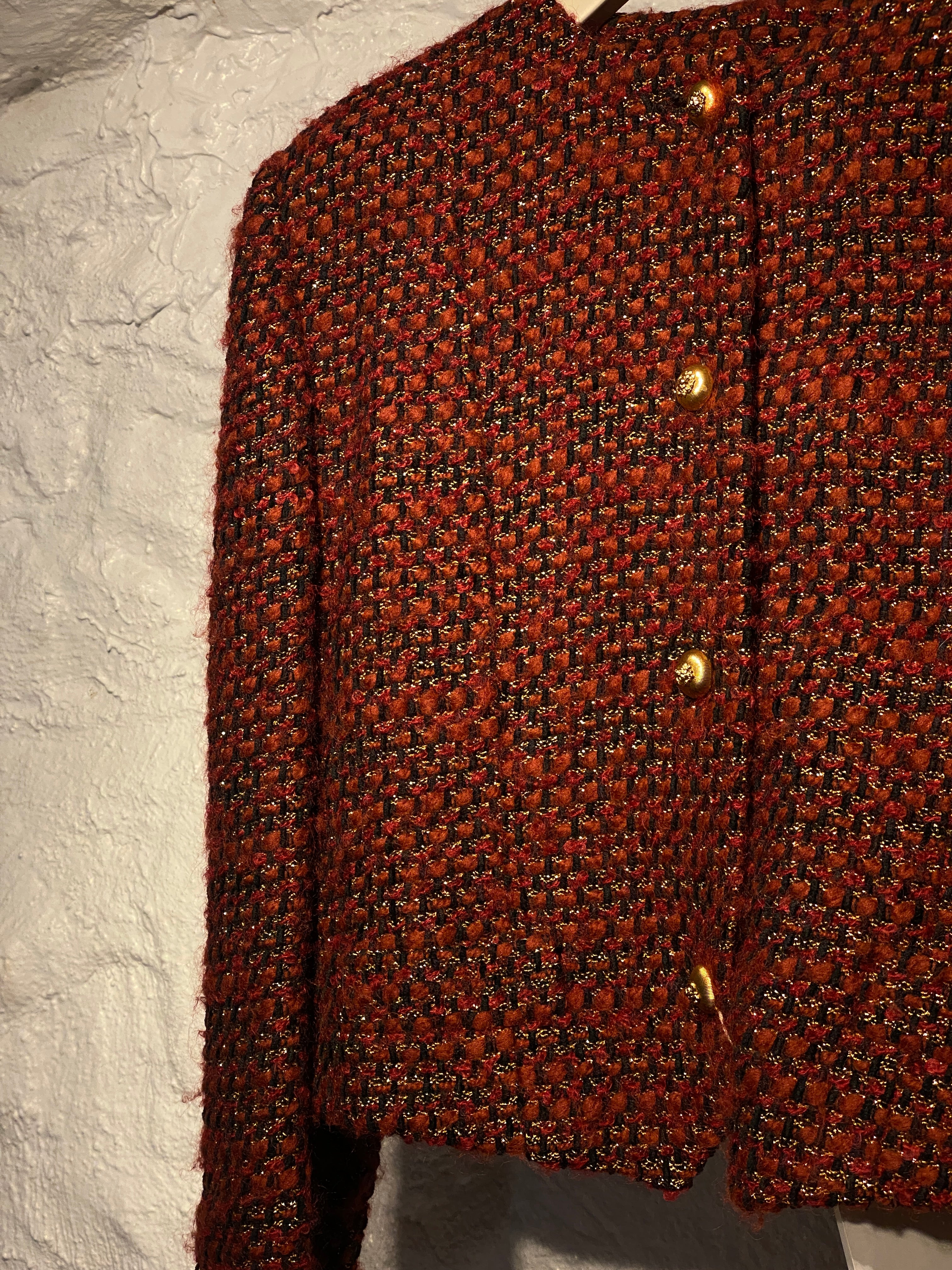Chanel Boutique Red Black Metallic Tweed Jacket