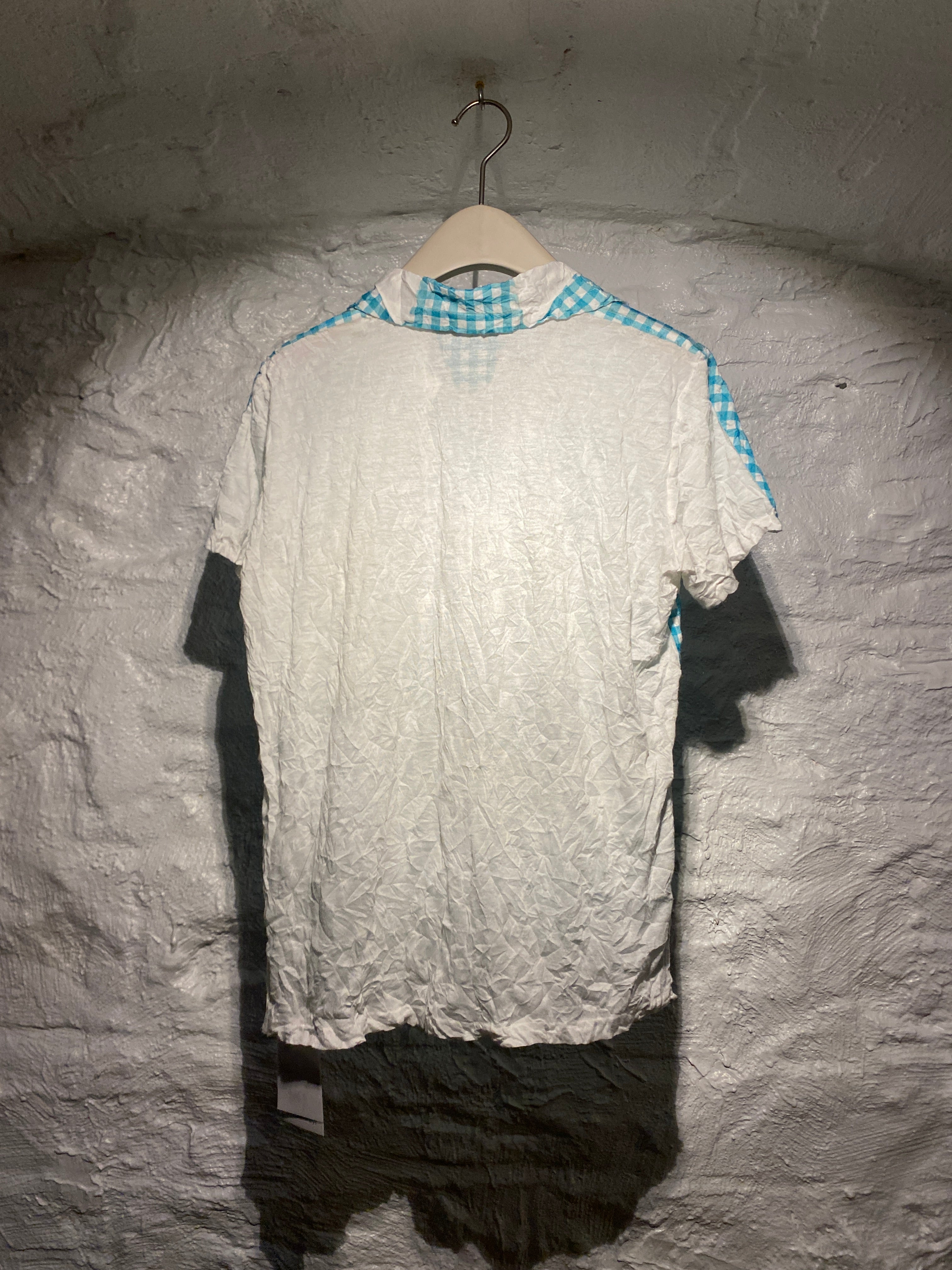 Issey Miyake Me White and Blue Plaid Short Sleeve Shirt