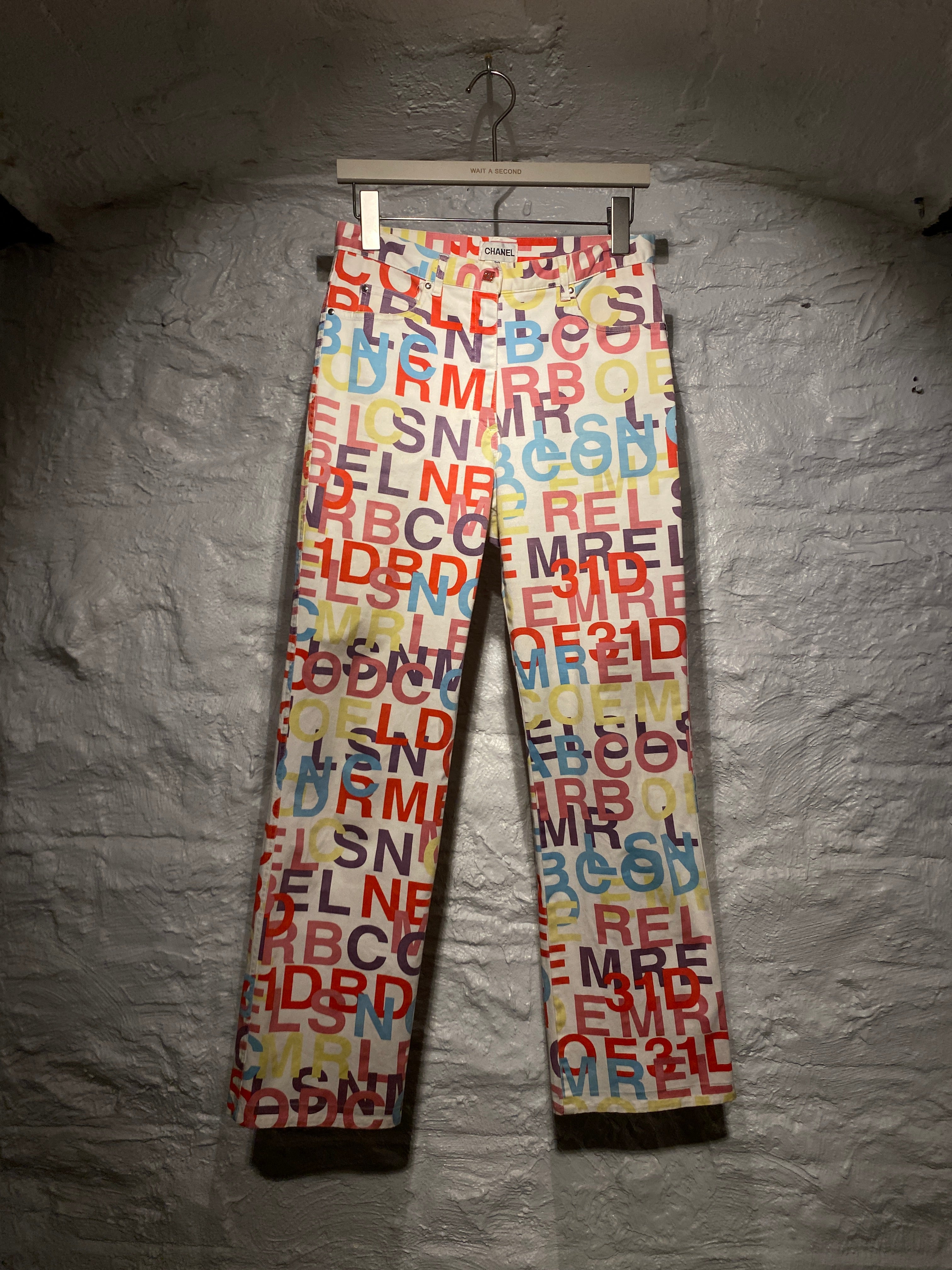 Chanel White Multi-Color Letters Print Pants