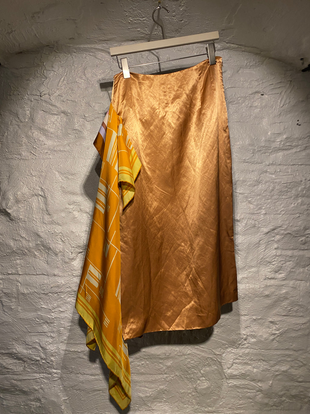 Dries Van Noten Gold Draped Silk Satin Midi Skirt