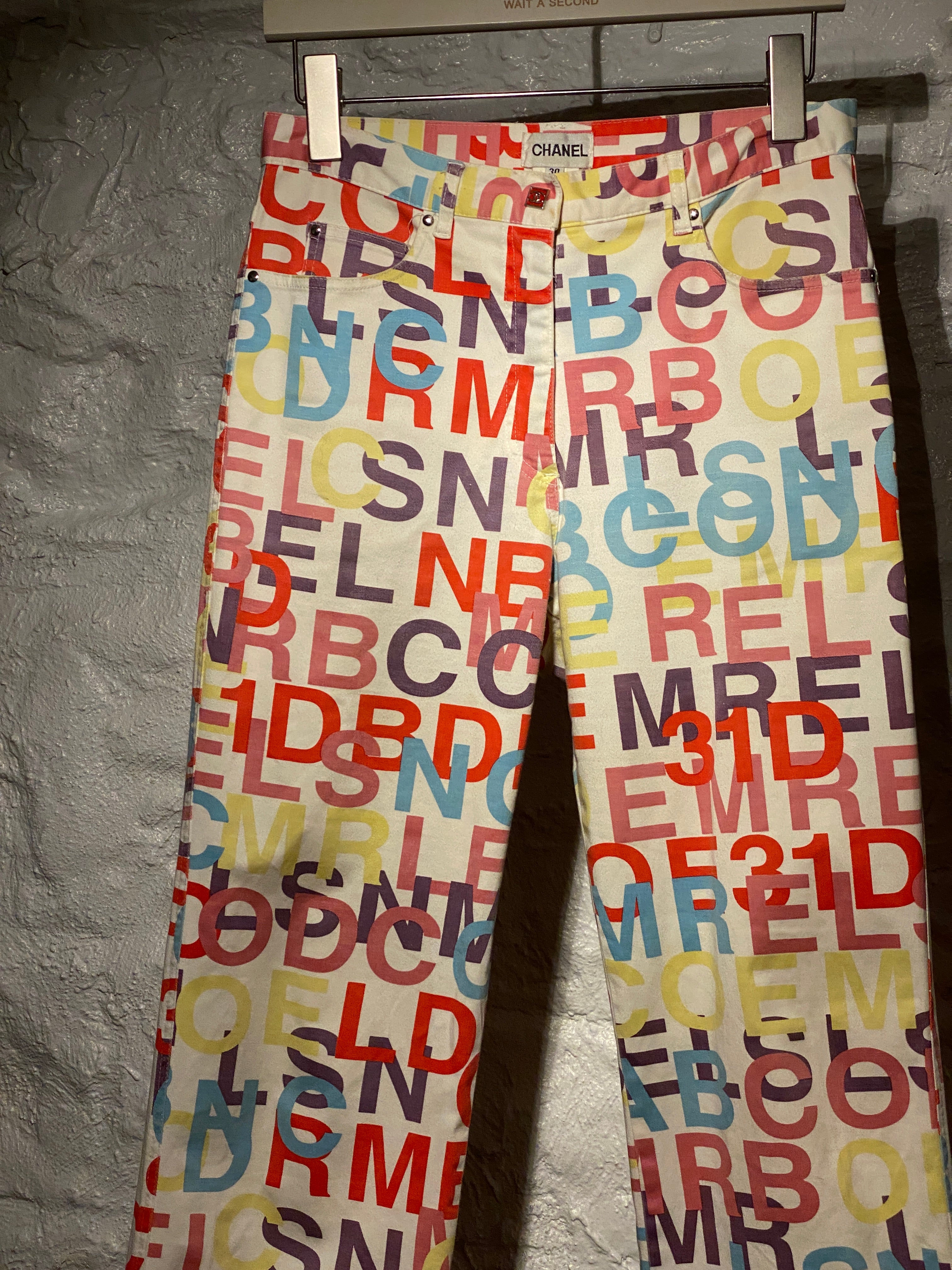 Chanel White Multi-Color Letters Print Pants
