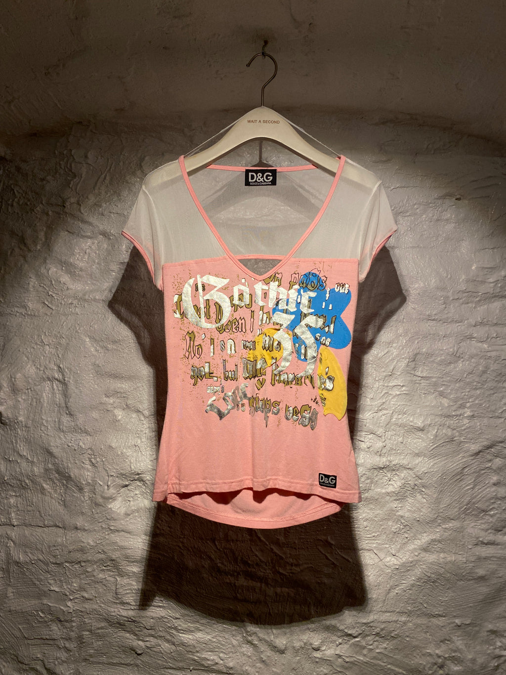 Dolce & Gabbana Pink and White Typographic Mesh Shoulder Open Back Top