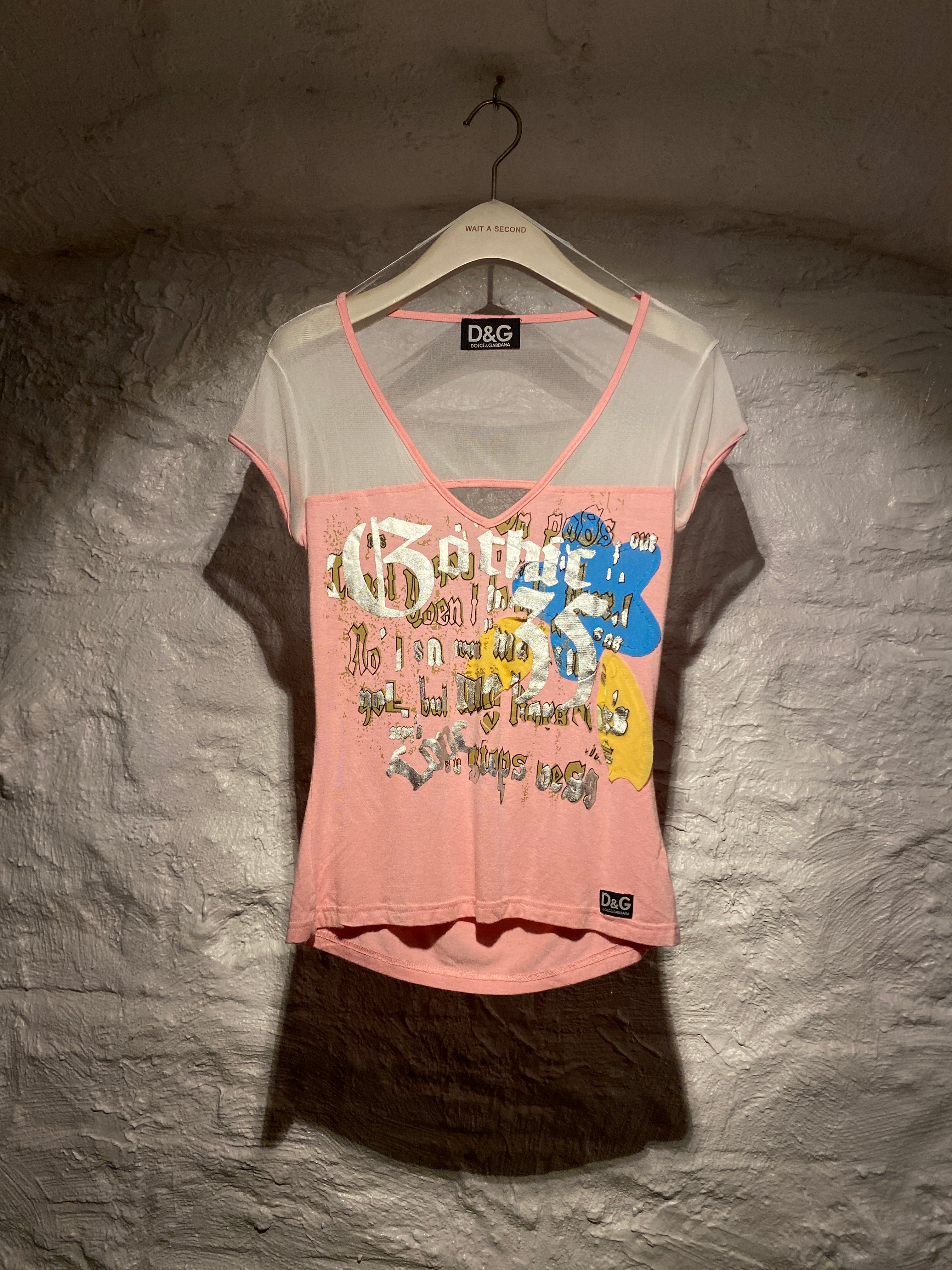 Dolce & Gabbana Pink and White Typographic Mesh Shoulder Open Back Top