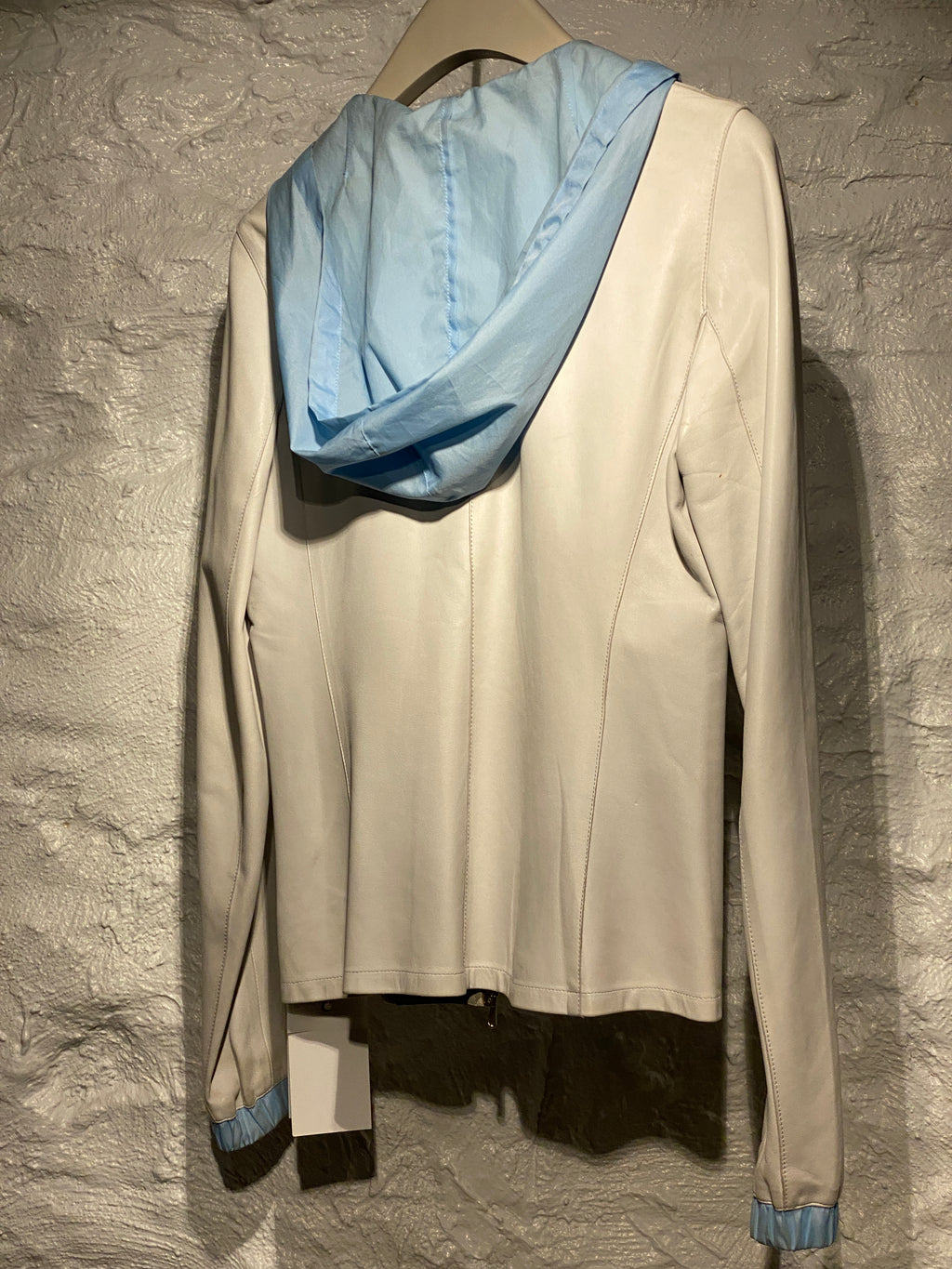 Miu Miu 2000s White Lambskin Leather with Blue Hood Zipper Jacket