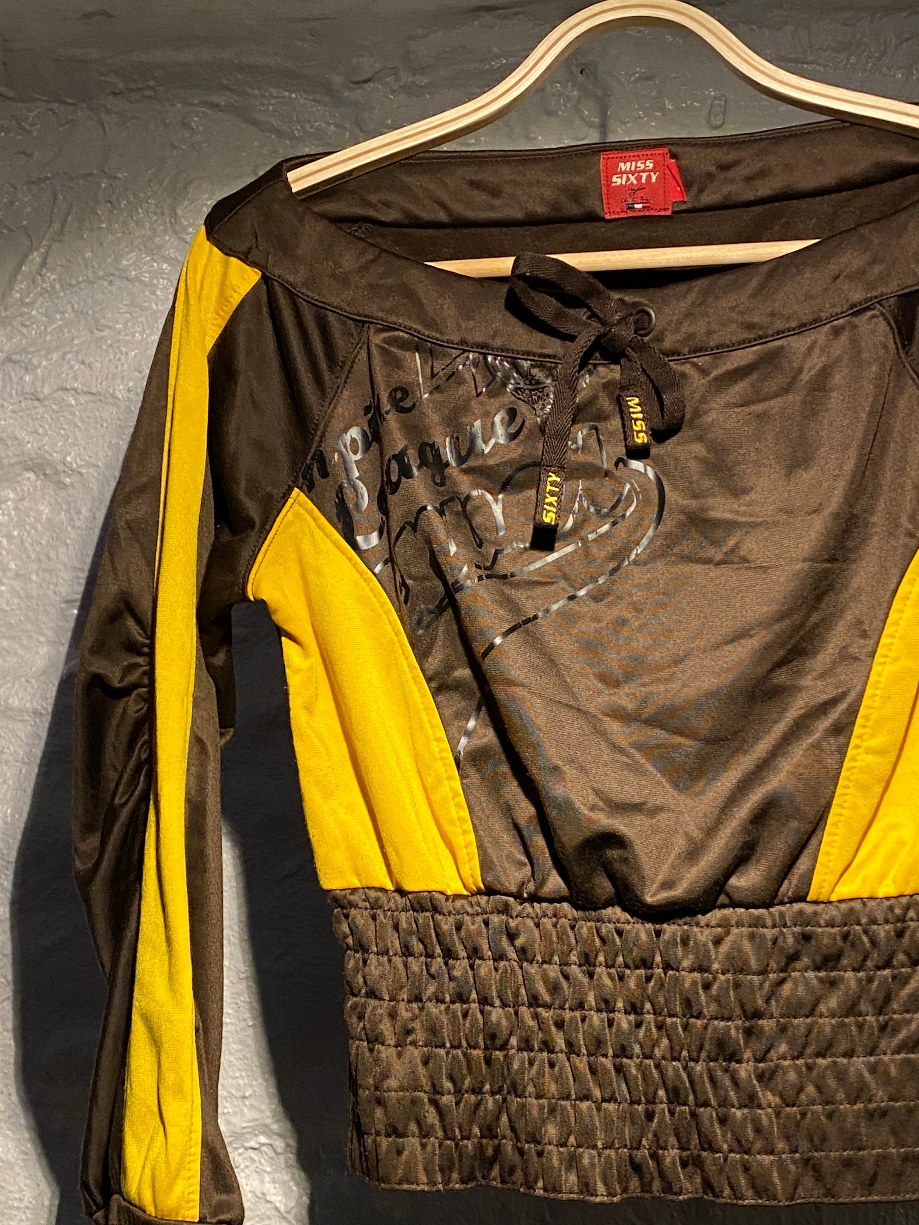 Miss Sixty Brown Yellow Ribbed Wide Shoulder Top