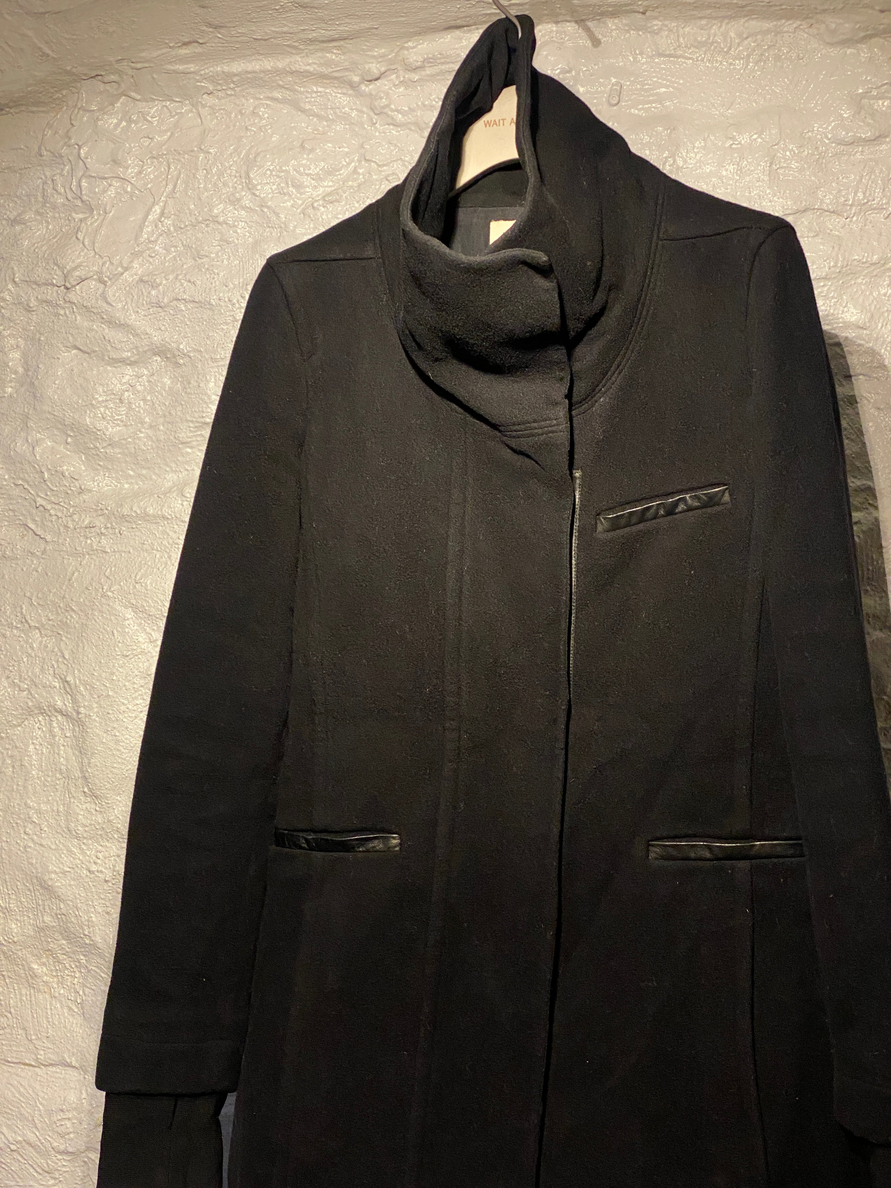 Helmut Lang Archive Black Wool with Leather Embellished Zipper Coat