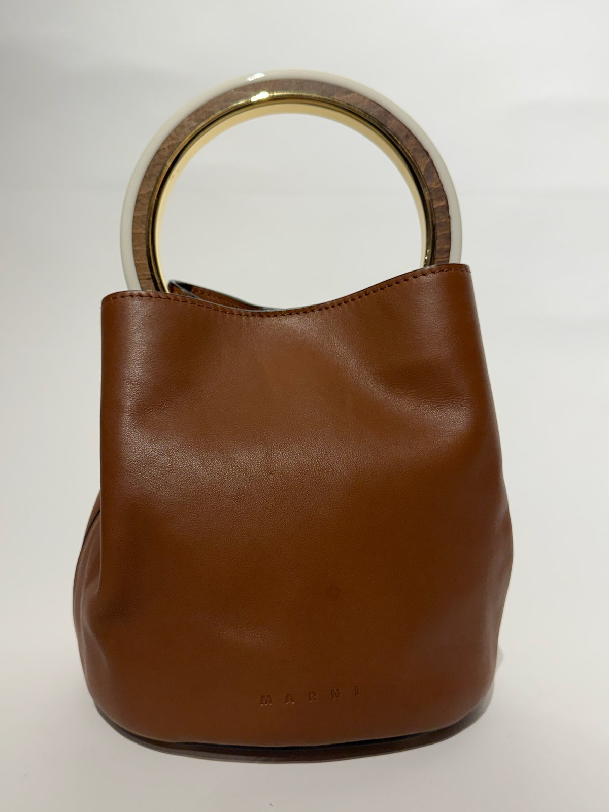 Marni Brown Leather Bucket White Handle Handbag