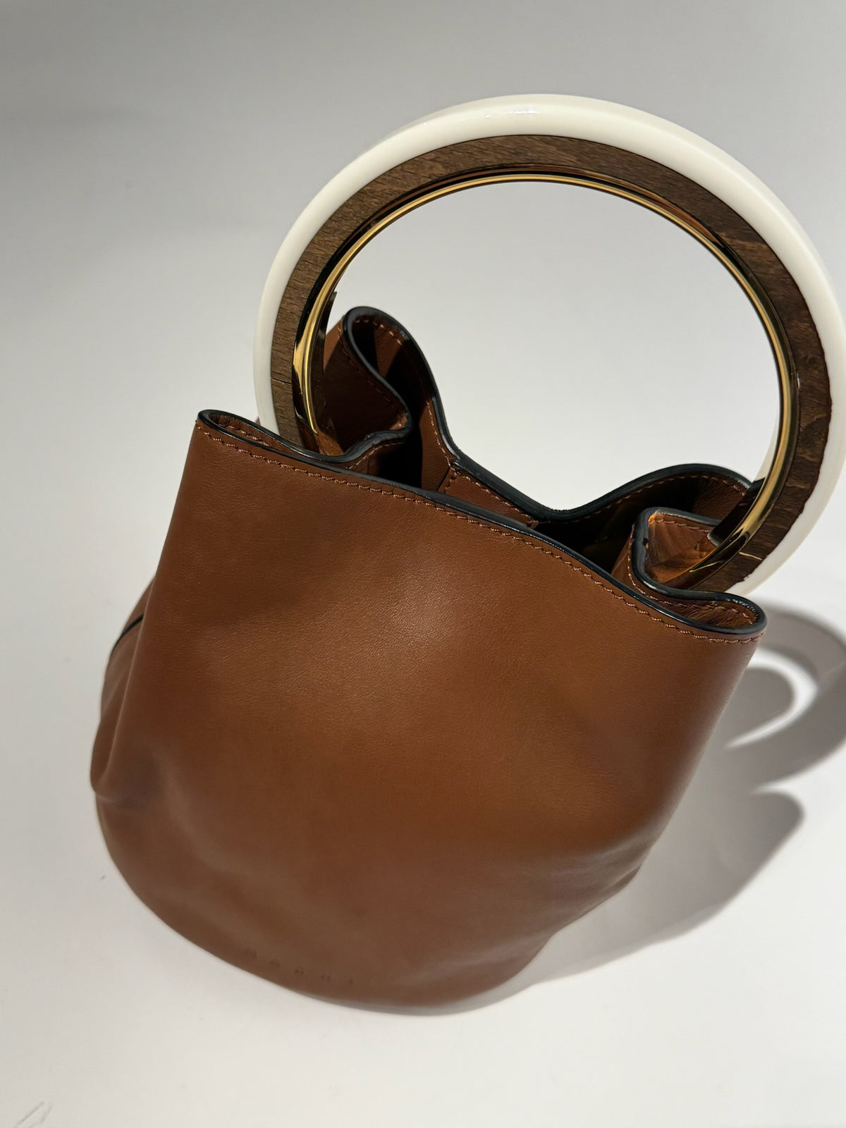 Marni Brown Leather Bucket White Handle Handbag