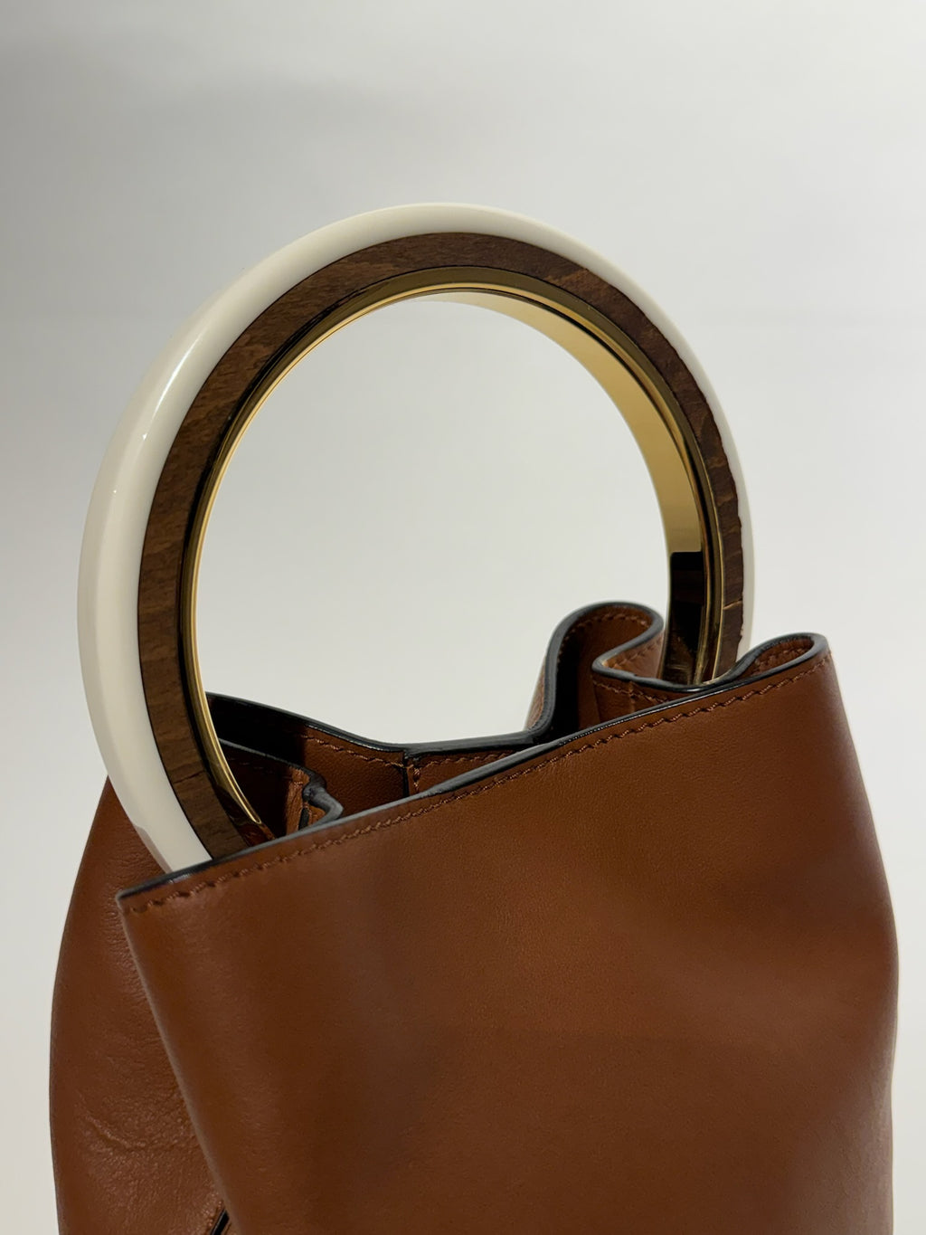 Marni Brown Leather Bucket White Handle Handbag