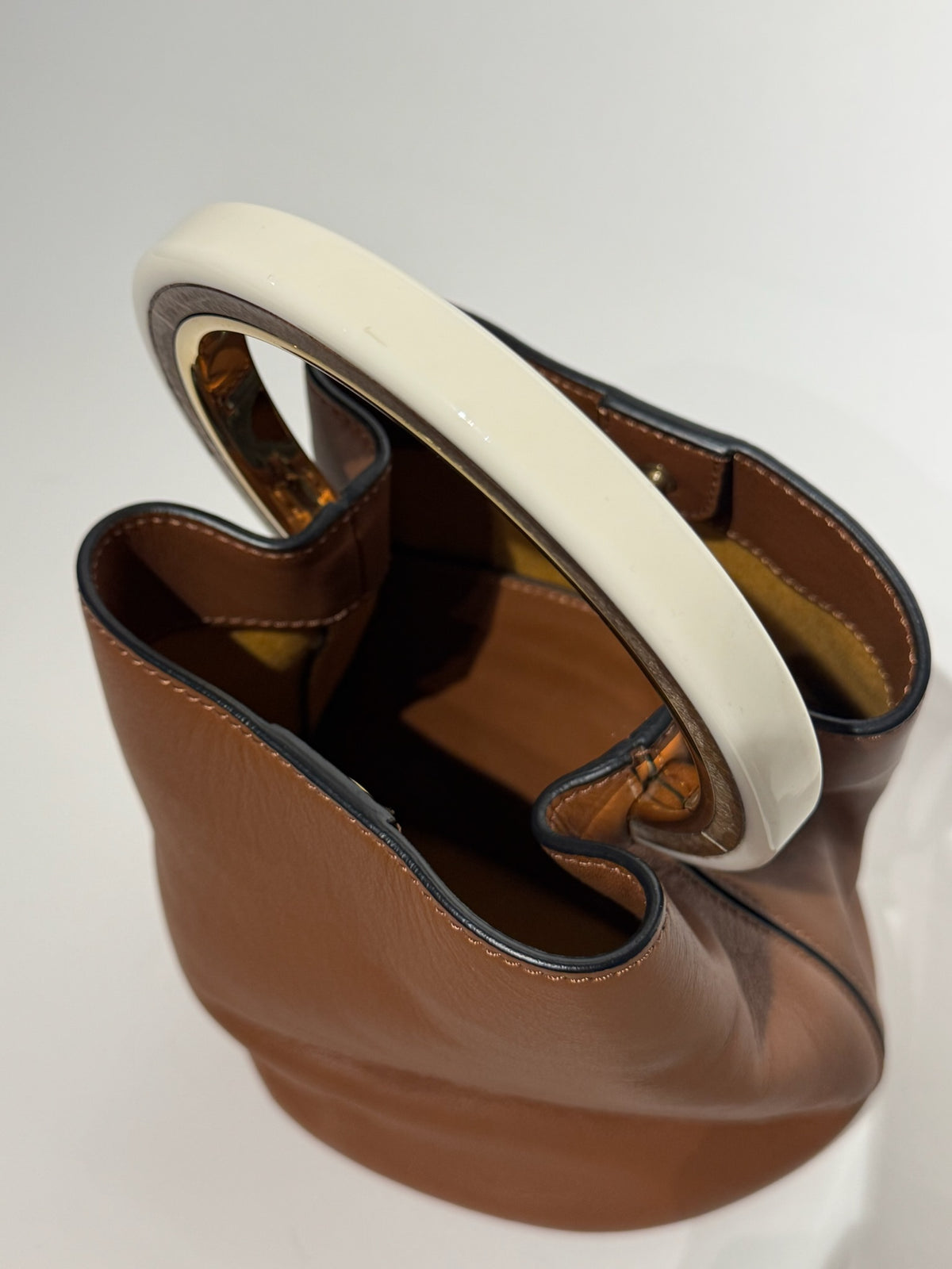 Marni Brown Leather Bucket White Handle Handbag