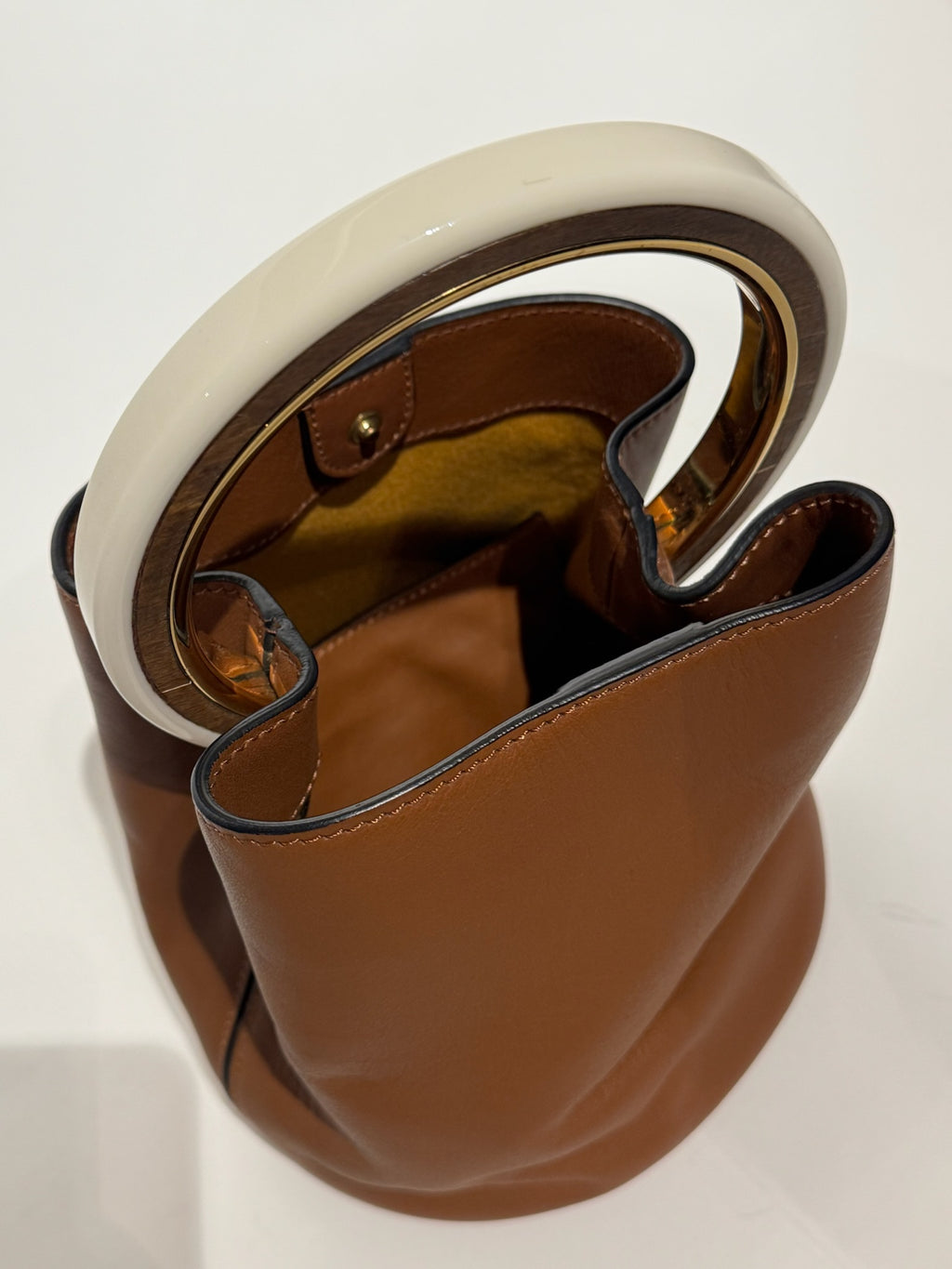 Marni Brown Leather Bucket White Handle Handbag